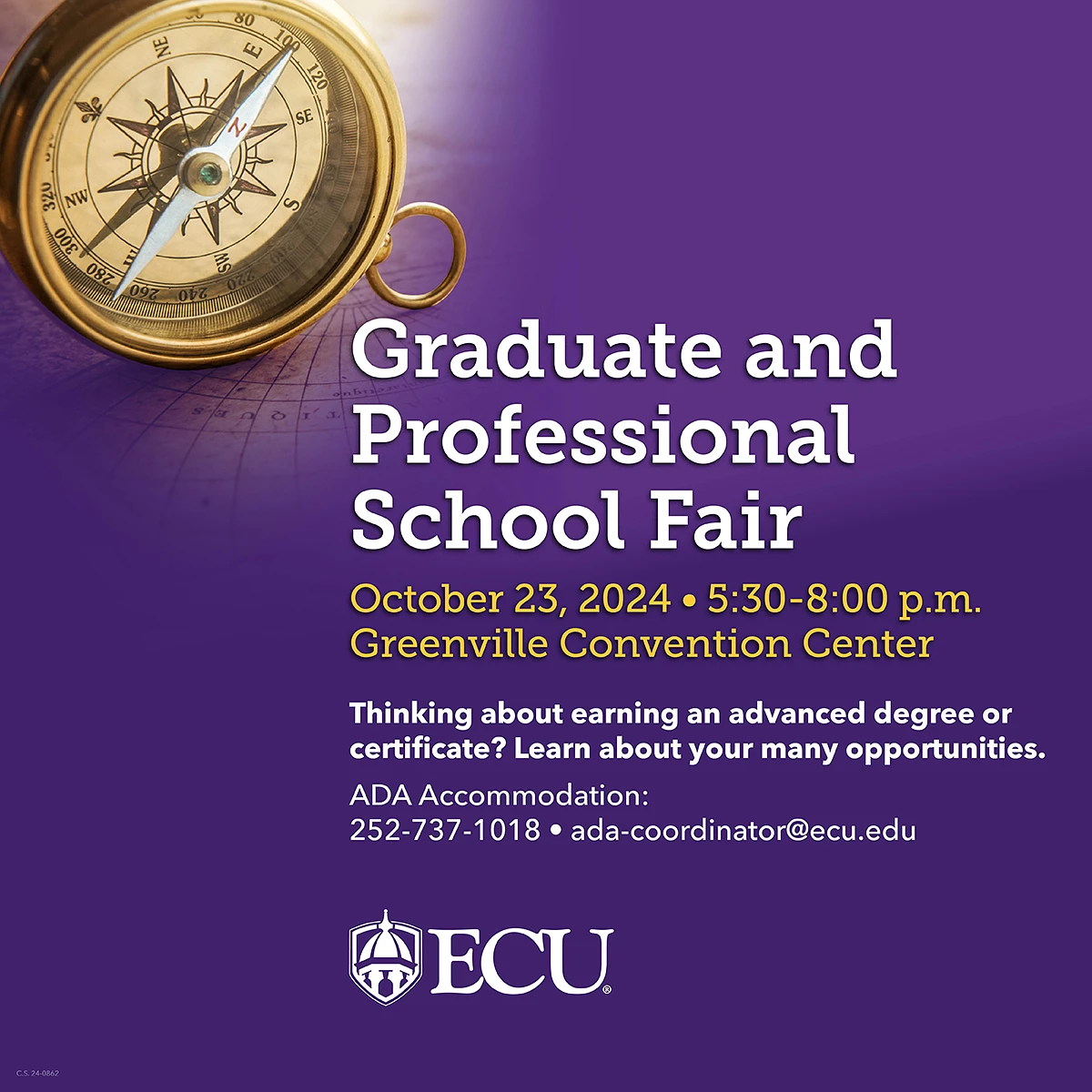 The image is an advertisement for the Graduate and Professional School Fair at the Greenville Convention Center on October 23, 2024, from 5:30-8:00 p.m., featuring a compass and contact information for ADA accommodation.