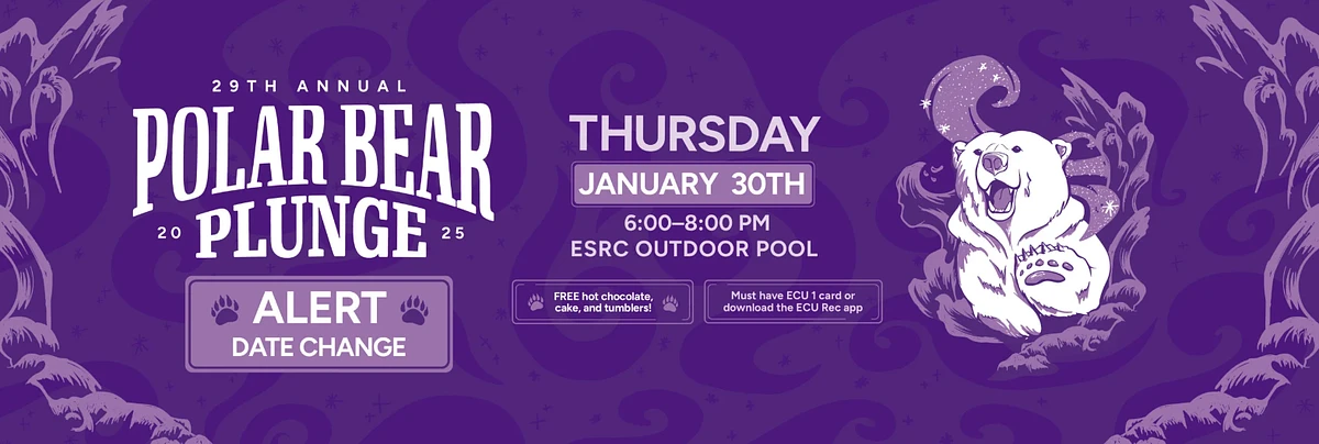 The image is a poster announcing the date change for the 29th Annual Polar Bear Plunge event on January 30th from 6:00-8:00 PM at the ESRC Outdoor Pool, featuring free hot chocolate, cake, and tumblers.