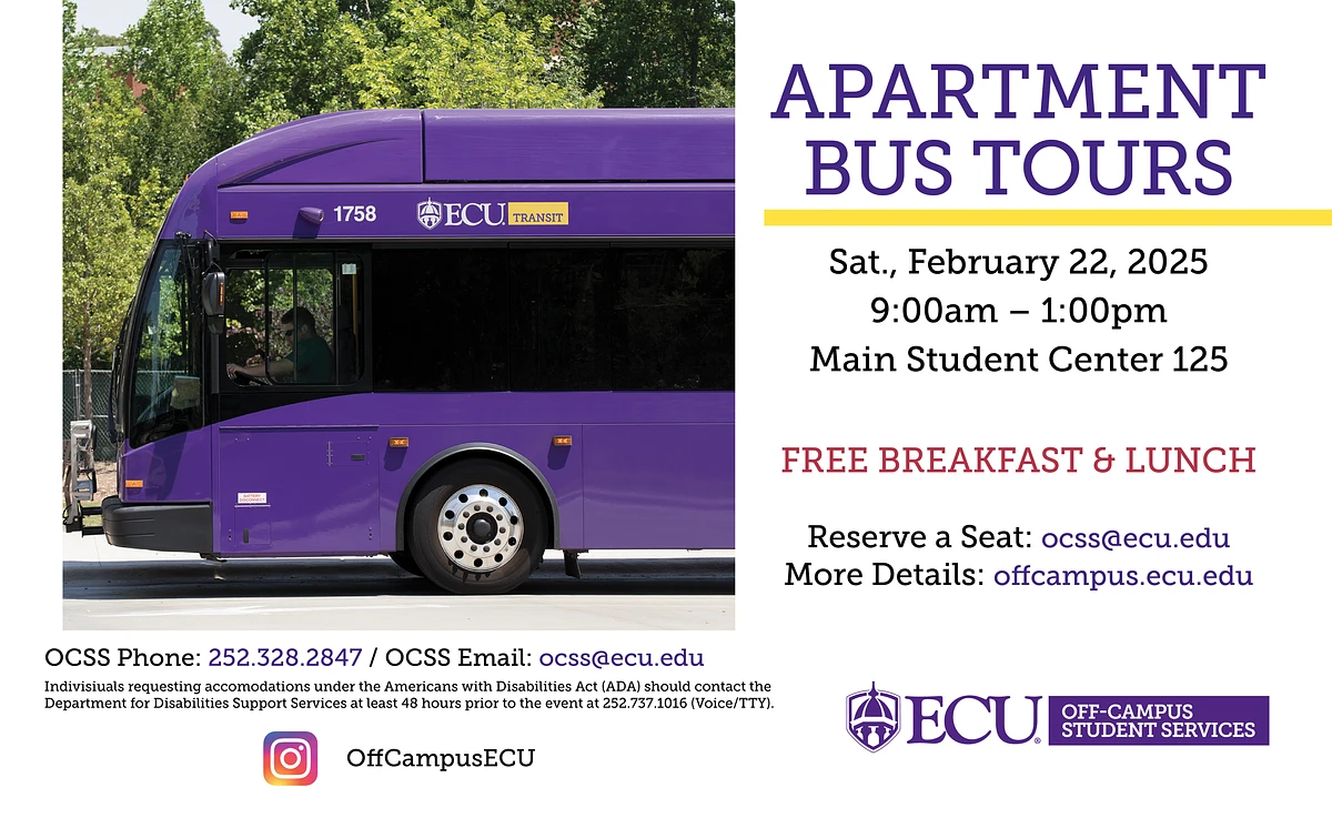 A promotional flyer for ECU's Apartment Bus Tours on February 22, 2025, offering free breakfast and lunch, with contact information and reservation details.