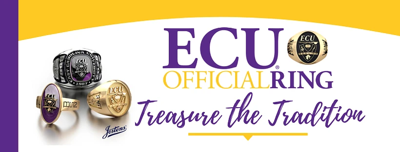 The image advertises ECU's official rings with the slogan "Treasure the Tradition" and features several ring designs.