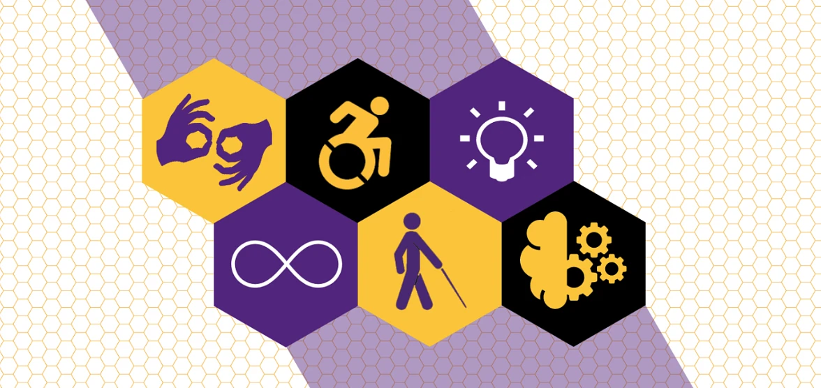 The image features hexagonal icons representing various accessibility and inclusivity symbols against a honeycomb-patterned background.